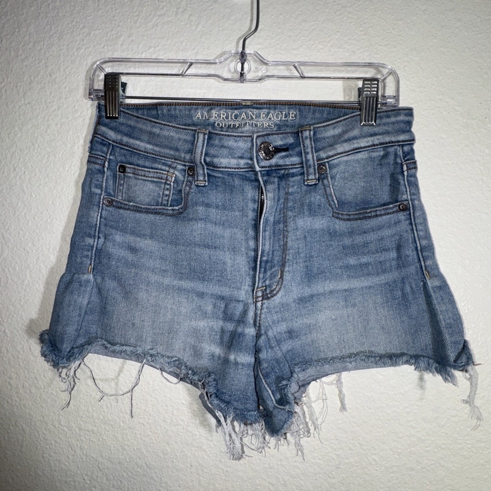 🦅 American Eagle Women's Jean Shorts Size 6 Hi-Rise Shortie Super Super Stretch